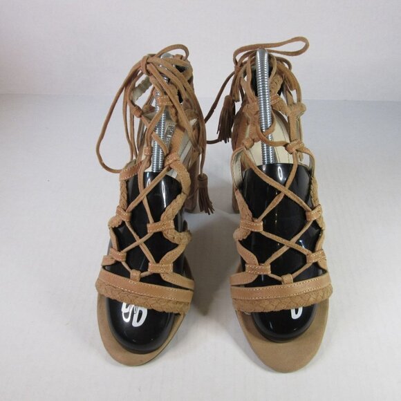 BCBGeneration Brown Suede Leather Lace Up Heels Peep Toe Tassel Boho Women's 8.5 - Picture 3 of 9
